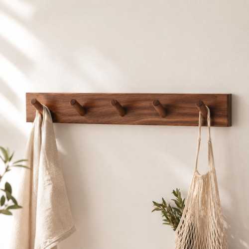 Walnut Wall Hooks, Modern Wooden Coat Rack, Minimalist Entryway Organizer, Dark Wood Home Decor