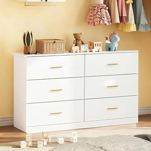 White 6 Drawer Dresser for Bedroom, Modern Dressers Chest of Drawers for Closet, Dressers TV Stand with Golden Handle for Bedroom, Nursery, Living Room