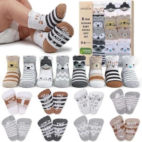 infancie Organic Cotton 8 Pair Baby Socks 0–6 Months - Newborn Socks with Gripper - Safe Walking Non-Slip Sole, Perfect Baby Gift and Registry - Baby Socks for Boys and Girls, Newborn Essentials