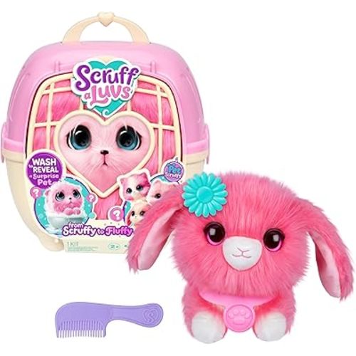 SCRUFFALUVS Pet Scruffs Pink - Mystery Plush Toy, 7.5" Tall - Wash to Reveal 1 of 3 Rescue Pets: Puppy, Bunny, or Kitty - Includes 8.7" Deluxe Pet Carrier - Styles May Vary