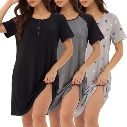 3 Pack Nightgowns for Women Short Sleeve Sleep Shirt Soft Nightshirt Pajamas Dress Casual Sleepwear with Pockets