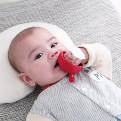 Mombella Mimi Mushroom Silicone Soothing Teether Toy for 0-6month Breast Feeding Infants Who Does Not Take Pacifiers,Chimney red