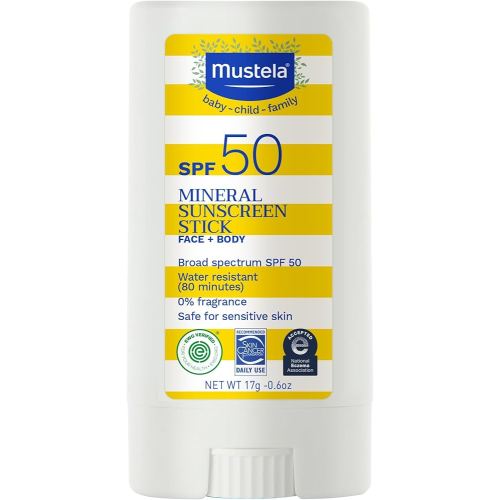 Mustela Baby Mineral Sunscreen Stick SPF 50 Broad Spectrum - Face & Body Sun Stick with 70% Organic Ingredients - Ultra Sheer, Water Resistant & Fragrance-Free - 0.6 oz.