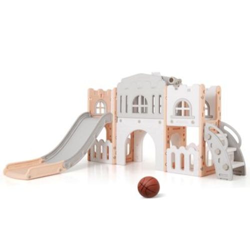 Costway All in 1 Toddle Slide Playset Freestanding Kids Slide with Tunnel, Basketball Hoop Pink+Gray