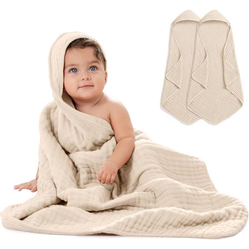 Comfy Cubs Hooded Baby Towel 2-Pack, Large 32 x 32 Inch - 6 Layer 100% Muslin Cotton for Babies, Toddlers and Kids - Soft & Absorbent Baby Bath Towels - Unisex Design for Bath Time - Sand
