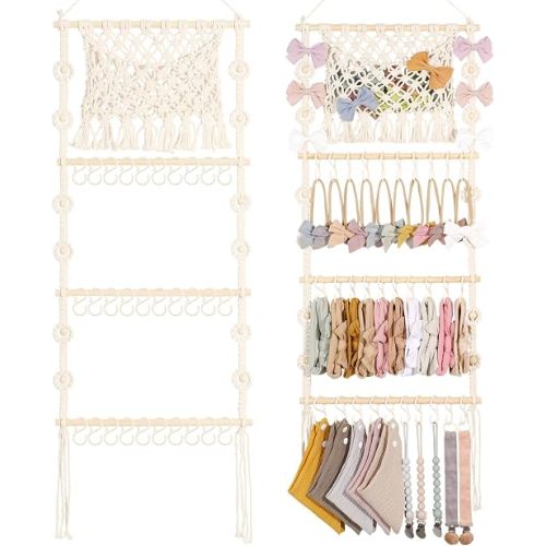 POVETIRE Headband Holder Hair Bow Organizer for Girls,Macrame Bow Holder Hair Accessories Organizer Storage Large Capacity Wall Hanging for Toddler Girl Nursery Room Decor