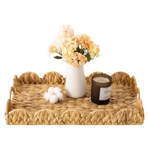 StorageWorks Large Wicker Scalloped Edge Serving Tray, Rectangle Tray with Built-in Handles, Hand-Woven Scalloped Rattan Tray, Wicker Trays for Décor, Natural Water Hyacinth