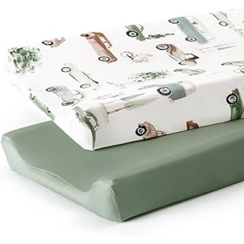 GRSSDER Stretchy Ultra Soft Jersey Knit Changing Pad Cover Set 2 Pack, Change Table Pad Covers Fit 32"/34" x 16" Pads Safe and Snug, Pretty Diaper Changing Pad Covers of Car Print