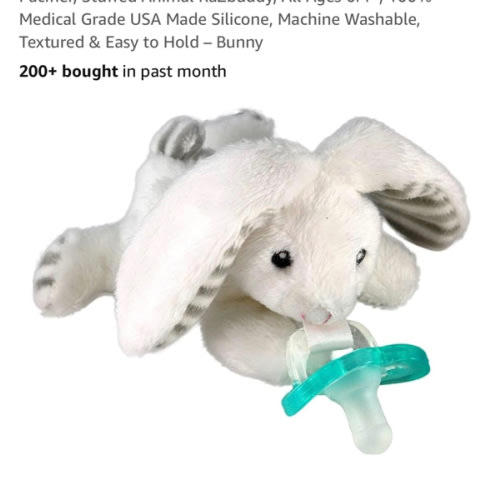 RaZbaby JollyPop Pacifier, Holder with Detachable Baby Pacifier, Stuffed Animal RaZbuddy, All Ages 0M+, 100% Medical Grade USA Made Silicone, Machine Washable, Textured & Easy to Hold – Bunny
