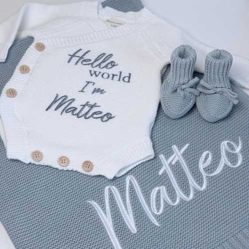 Coming Home Outfit Baby Boy, Newborn Gift Set with Name, Knit Romper, Blanket & Booties