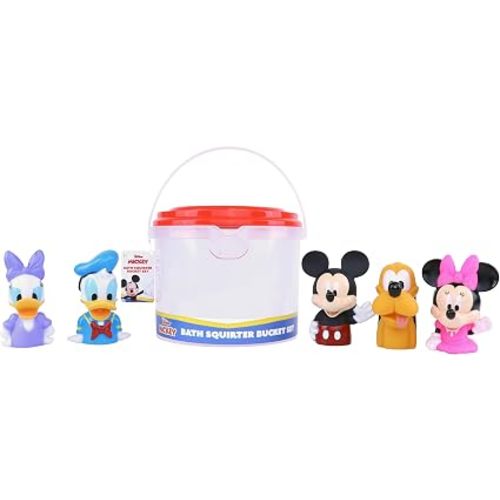 Mickey & Friends 5 Piece Bath Squirter Bucket Set. Bath Toys for Baby and Toddlers, Includes Organizer Bucket with Drainage to Store Your Bath time Water Toys.