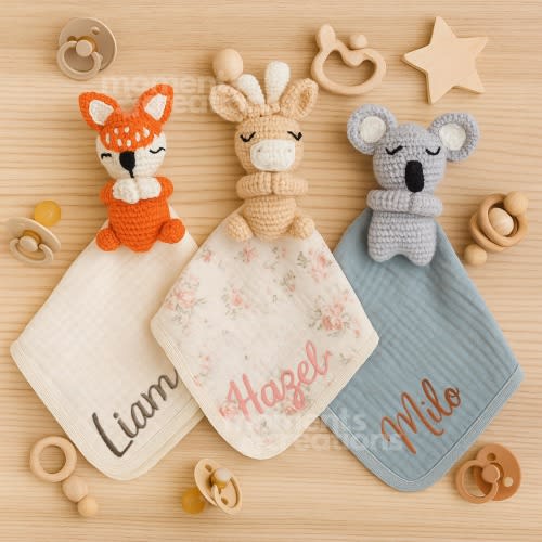 Personalized Crochet Animal Lovey Blanket: Muslin & Fleece Baby Comforter