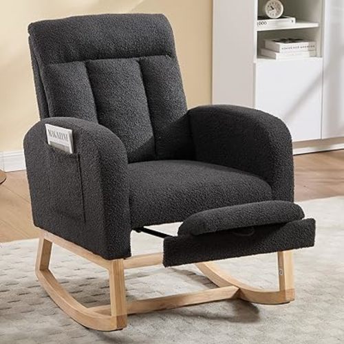 Nursery Rocking Chair, Teddy Fleece Upholstered Glider Rocker with Adjustable Footrest, High Back Rocker with Side Pockets, Rocking Recliner for Living Room Bedroom Office (Dark Grey)