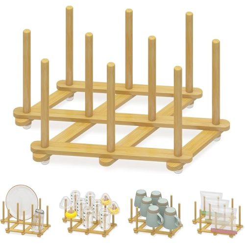 EsLuker.ly Baby Bottle Drying Rack Bamboo Vertical Dryer Holder, Foldable Space Saving for 10 Milk Glass Bottle Countertop, Wooden Drain Stand Shelf for New Parents