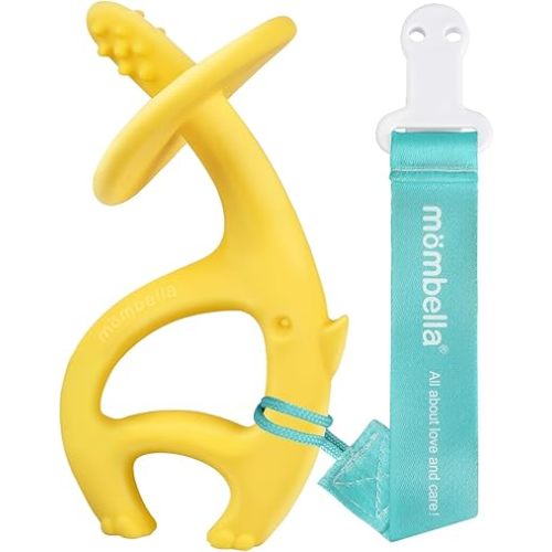 Teething Toys 3 Months+, Mombella Elephant Teethers for Babies with Strap to Clip on, Soft Silicone Teether Toys, 2 in 1 Teether & Pre-Training Toothbrush, 3 Month Old Infant Chew Toys, Yellow