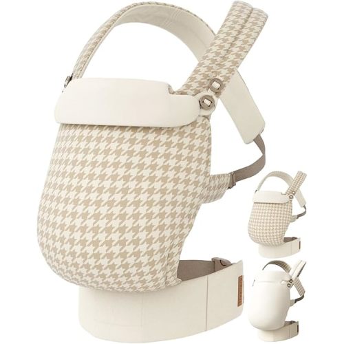 Reversible Baby Carrier, Khaki Solid & Houndstooth; Lightweight & Breathable Lyocell Fabric; Ergonomic Lumbar Support and Quick Hands-Free Wear for Newborn to Toddler (7–44 lbs)