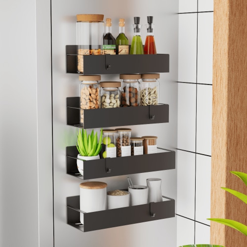 Metal 4 Pack Magnetic Spice Storage Rack Organizer for Refrigerator and Oven, Black Fridge Organizers and Storage