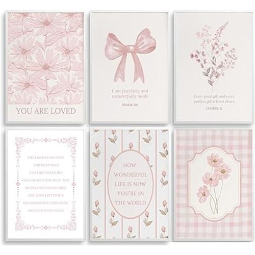 CBLIORUD 6Pcs Pink Christian Flower Canvas Wall Art Light Pink Bow Bible Verse Painting Wall Decor Preppy Scripture Flower Poster for Bedroom for Christian Room Bedroom Nursery Girly Room Unframed