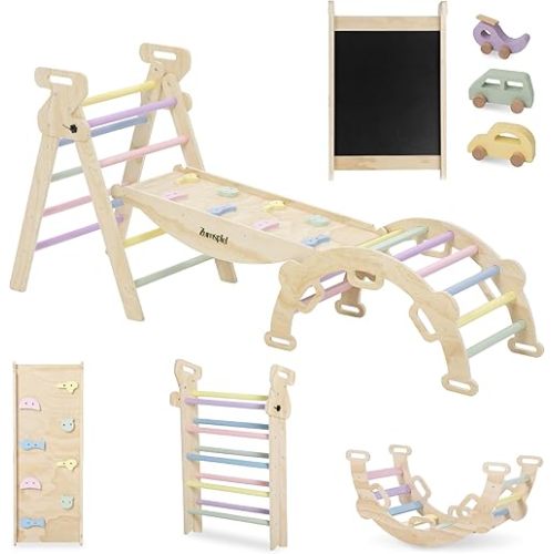 Pikler Triangle Set for Kids, 8-in-1 Kids Indoor Climbing Frame - Wooden Montessori Climber with Slide, Swing & Rock Wall | Space Saving Foldable Toddler Gym | Safe Playset for Toddlers Boys Girls
