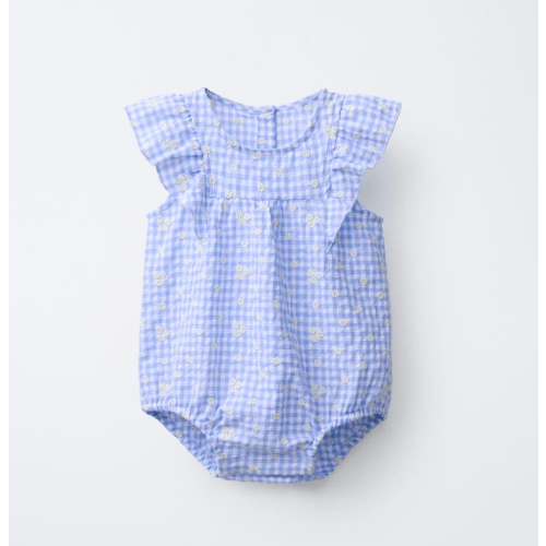 EMBROIDERED DAISY GINGHAM ROMPER