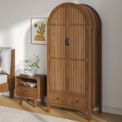 Alcott Hill® Armoire Wardrobe Closet with 2 Arched Fluted Doors, Wardrobe Cabinet with 2 Drawers, Wardrobe Armoire with Shelves and Hanging Rod for Bedroom & Reviews | Wayfair