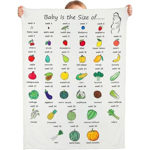 Tegeme Baby Growth Tracker Blanket Weekly Pregnant First Mom Gifts for Expecting Parents Pregnancy Countdown Calendar Week By Week Pregnancy Blanket in Fruit Veg Mother's Day Congration Gift