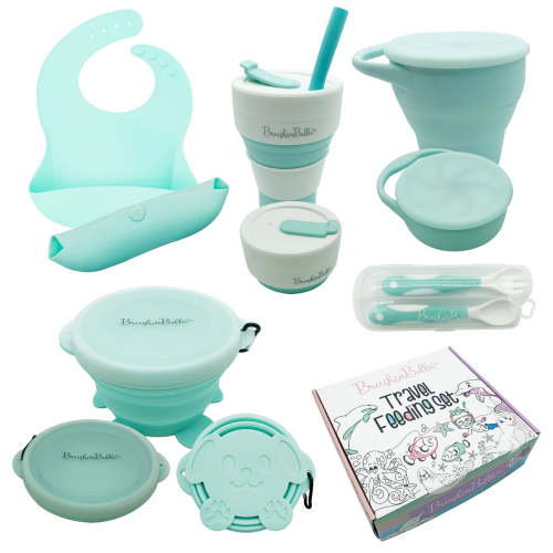 BrushinBella Baby Feeding Set - Collapsible Feeding Supplies for Travel - Food Grade Silicone Suction Baby Bowl, Baby Plate, Baby Bib, Baby Spoons First Stage - Cute Baby Eating Supplies Toddler Gift