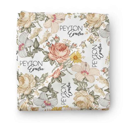 Peyton's Vintage Floral Personalized Baby Name Swaddle Blanket