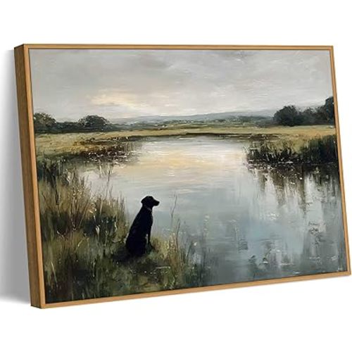 Framed Vintage Black Labrador Wall Art Farmhouse Landscape Canvas Poster Print Hunting Black Dog Picture Retro Animal Painting Artwork Wall Decor for Bedroom Living Room Bathroom 8x10in