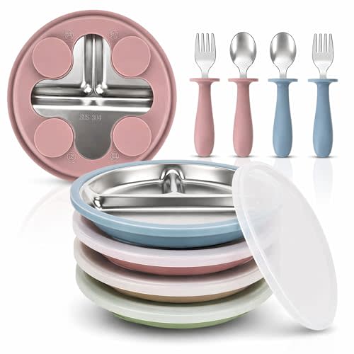 Stainless Steel Baby Plates with Suction, 4-Pack Divided Set | 304 Stainless Steel, BPA-Free Silicone, 4 Lids, 2 Spoons & 2 Forks
