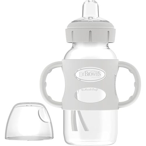 Dr. Brown's Milestones Wide-Neck Sippy Spout Bottle with 100% Silicone Handles, Easy-Grip Handles with Soft Sippy Spout, 9oz/270mL, Gray, 1-Pack, 6m+