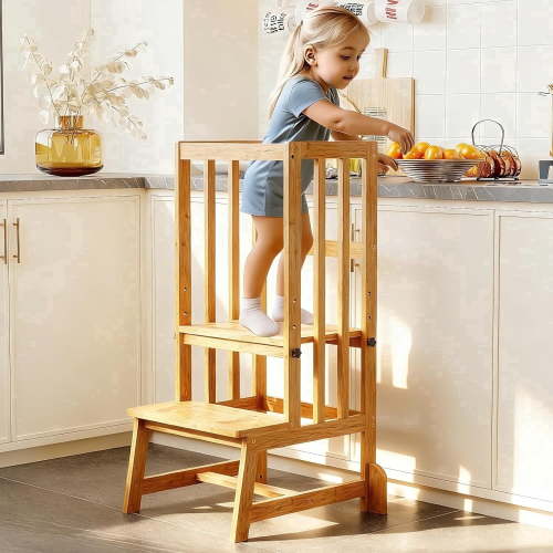 Bamboohomie Toddler Standing Tower, Adjustable Height Step Kitchen Stool Helper, Learning Standing Tower, Natural