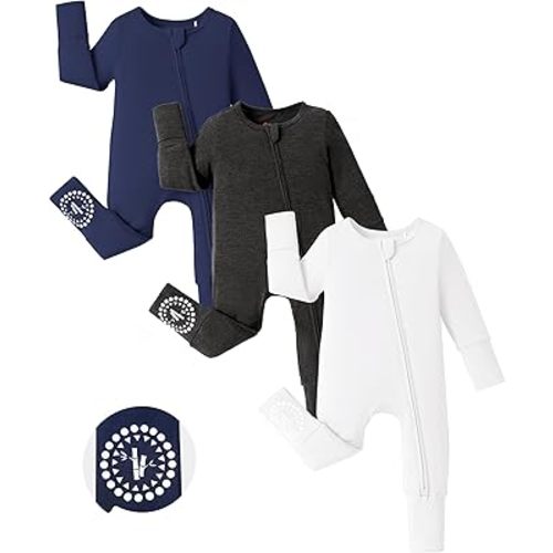PATPAT Baby Footies Boys Girls - Bamboo Viscose - Zipper & Non-Slip Soles Romper Mitten - Footed & Footless Infant Clothes