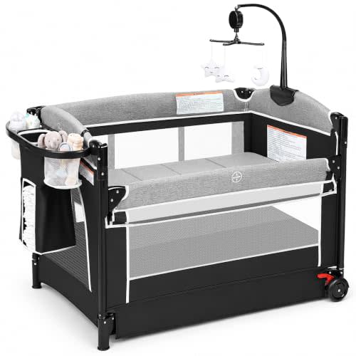 4 in 1 Baby Bassinets Bedside Sleeper, Portable Playard, Dark Gray | Changing Table, Storage Basket, Breathable Mesh, Music Box, Rotating Toy Bar, Foldable Pack and Play for Newborns to Toddlers