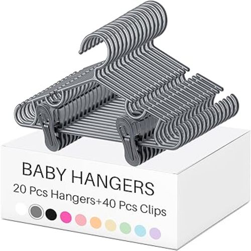 Hsei Nursery Hangers with Clips for Kids Baby Pants Hangers 10/20/40 Newborn Plastic Hanger with 20/40/80 Clip for Closet Toddler Clothes Coat Skirts Socks(Gray,60 Packs)