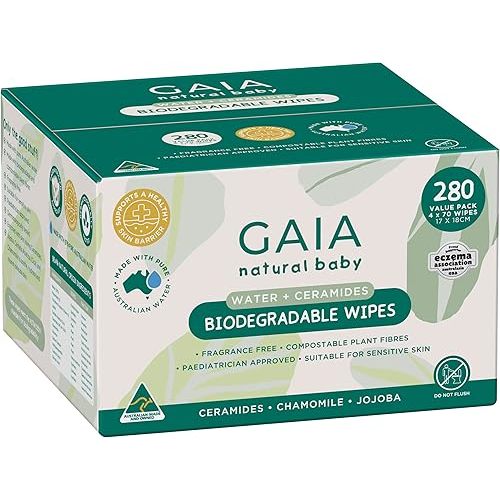 GAIA Water & Ceramides Baby Wipes | Pure Australian Water | Ceramides for Skin Support | Plastic Free Plant‑Based Fibres | Suitable for Sensitive Skin & Newborns | Australian Made | 280pk