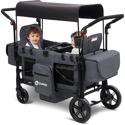 Sekey Wagon Stroller for 2 Kids, Luxury 4-in-1 Stroller Wagon - Premium Quality with Convertible Seats, Adjustable Push Handles, Removable Canopy, Snack Tray & Cooler, US Certified