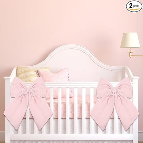 2 Pcs Large Crib Bows 11 x 16 inch Coquette Bow Decorations for Nursery Crib Canopy Bed Large Bow Room Nursery Decor Infant Bassinet Bedroom Decor for Gender Reveal Gifts (Pink)