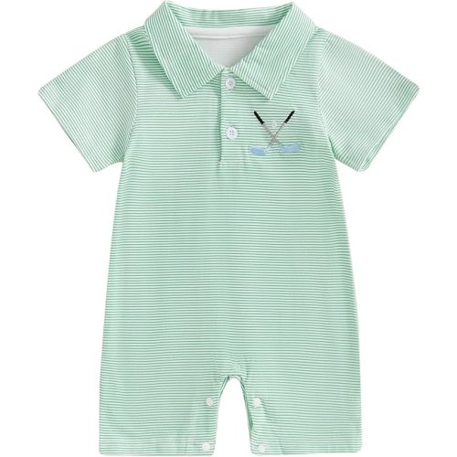 Dewadbow Baby Boy Summer Outfit Short Sleeve Embroidery Collared Romper Lapel Button Striped Bodysuit Jumpsuit Clothes