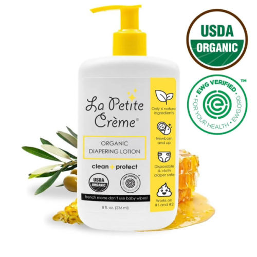 La Petite Creme Premium French Diapering Gift Set: Includes Organic Diapering Lotion (8 oz), Travel-size Liniment Baby Lotion (2 oz), 1 Travel-size Diaper Balm (1 oz), 50 Disposable Cotton Pads