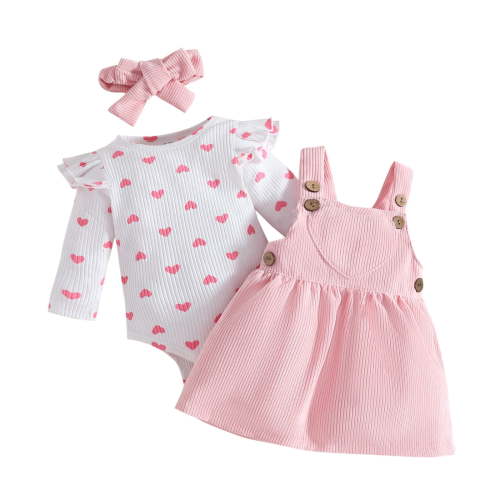 BLVB Newborn Baby Girl Valentine's Day Outfits Ruffle Long Sleeve Heart Print Ribbed Romper Corduroy Suspender Skirt Overall Dress with Headband Fall Clothes