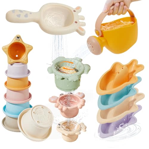 Baby Bath Toys for Kids Ages 1-3, 16PCS Mold Free Bath Toys for Toddler 2-4 & Babies 6-12-18 Months Bath Cups Watering Can with Storage Bag Montessori Bathtub Sand Pool Water Toys for 1+ Years Old