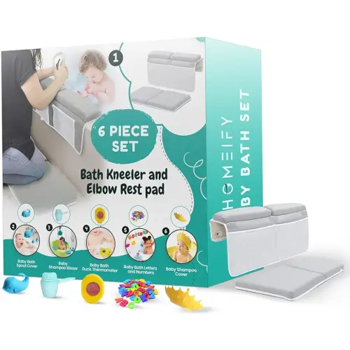 Complete Bathtime Essentials 7 Piece Set Includes Bath Kneeler and Elbow Rest Bath Spout Cover, Baby Shampoo Cover, Baby Shampoo Sprinkler, Bath Thermometer and Baby Letters and Numbers