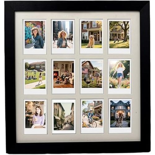 Polaroid Picture Frame Collage for 2x3 Instax Mini Film - 12 Openings, Black Photo Wall Display (black, 13.85×12.6)