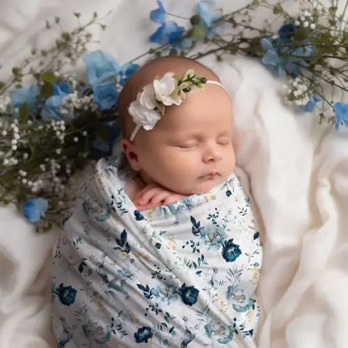 Baby Girl Blue Floral Peonies & Birds Swaddle Set, Flower Headband / Bow Hat / Beanie, White Rose Newborn Outfit, First Picture Shower Gift