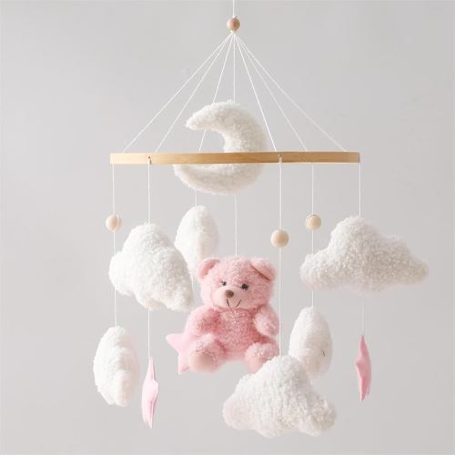 EERKEOD Baby Crib Mobile Bear Nursery Mobile for Boys Girls Teddy Velvet Mobile Nursery Decor for Infant Bedroom Hanging Baby Mobile for Bassinet Newborn Baby Gift（Pink Bear）