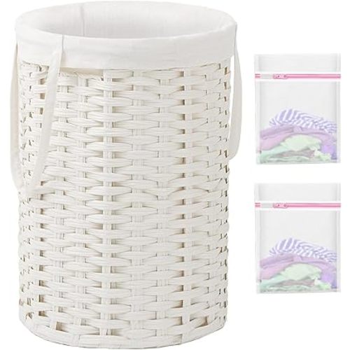 Laundry Hamper Laundry Basket Round 19.0 Gal (72 L) Handwoven Rattan Laundry Basket, Large Wicker Laundry Hamper with Removable Laundry Bag Handles 2 Mesh Bags for Bedroom Living Room White