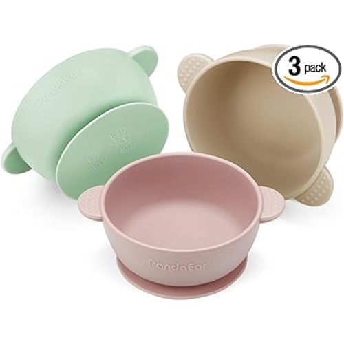 PandaEar 3 Pack Baby Bowls with Suction| Stay Put Silicone Food Bowl for Babies Kids Toddlers Infants| Food Grade Soft Safe BPA-Free Silicone (Pink Green Light Tan)