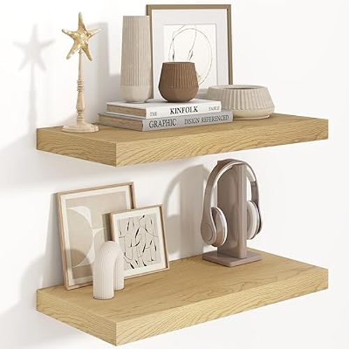 Fun Memories Floating Shelves 24 Inch Long, 9.3 Inch Deep Floating Shelf for Lving Room, Bedoom, Kitchen, Deep Wall Shelves for Bathroom, 2 Pack Storage Display Shelf for Books, Decors, Oak