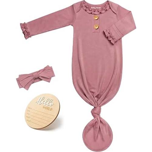 Amazon.com: Baby Noah Baby Girl Knotted Gowns for Newborn with Ruffle, Soft Nightgown | Soft Preemie Coming Home Outfit, Breathable Infant Sleeper with Cute Bow Headband & Announcement Sign, Stretchy Nightgown
